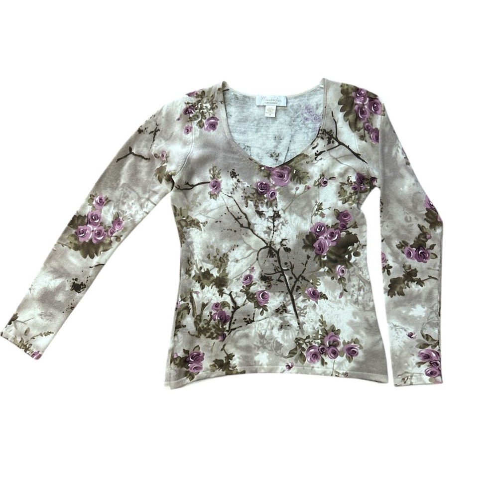 Long Sleeve Pure Cashmere Floral V-Neck Light Weight Sweater Top Size Small